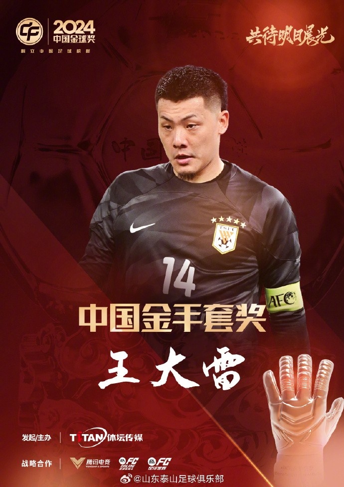  王大雷榮獲中國金手套獎(jiǎng)，謝文能入選中國金球獎(jiǎng)候選人前三名