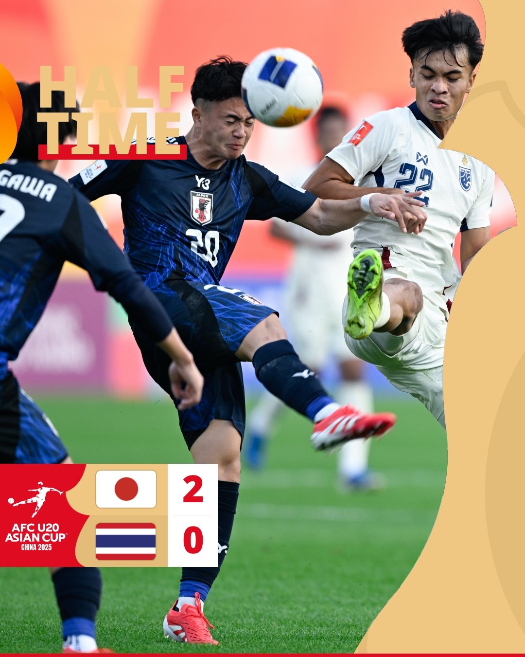  半場-日本U20 2-0領先泰國U20，石井久繼破門+中柱 泰國0射正