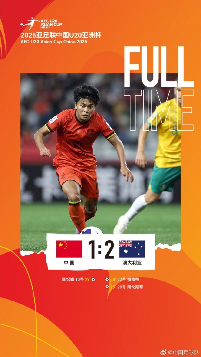  U20亞洲杯小組賽A組第三輪，中國隊1比2負(fù)于澳大利亞隊