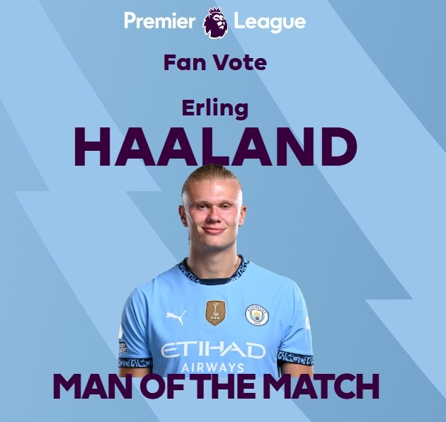  打進(jìn)致勝球！英超官方：哈蘭德當(dāng)選曼城1-0熱刺全場最佳球員